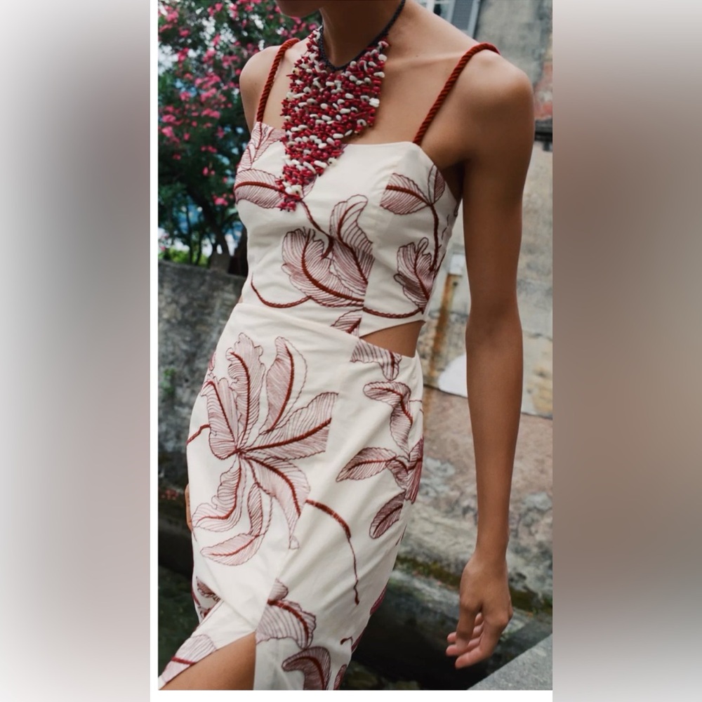 Zara Cream & Burgundy Dress with Red Leaf Pattern